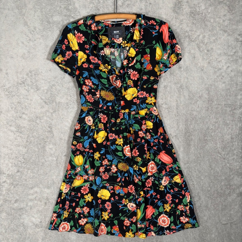 Maeve Anthropologie Bloedel Floral Dress Black Floral Butterfly Ruffle US 0 Boho